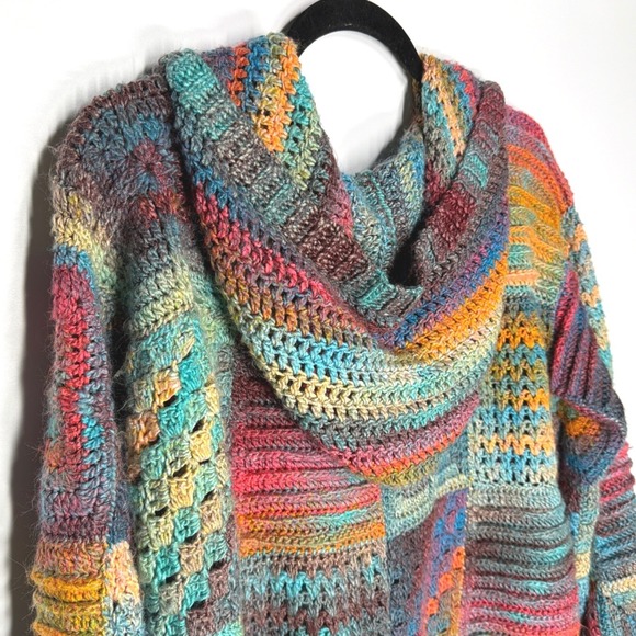 Hooded Patchwork Squares Knit Cardigan Approx. XL - Picture 7 of 7